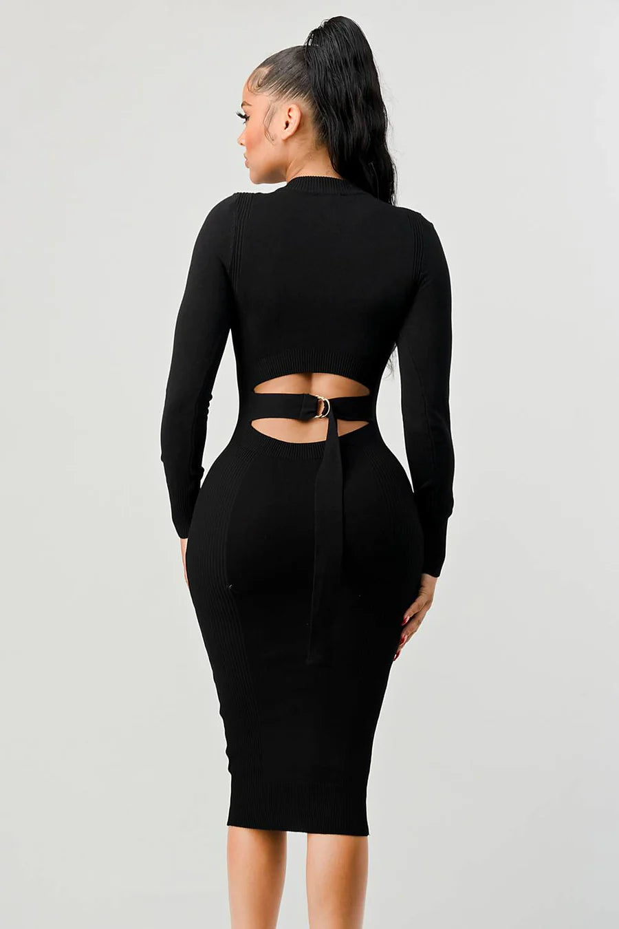 RIB SWEATER KNIT BACK WAIST TIE LONG SLEEVES BODYCON MIDI DRESS