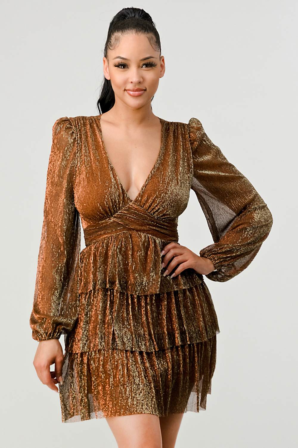 LUX FANTASY GLITTER DEEP V-NECK TIERED PEASANT SLEEVES FIT AND FLARE RUFFLED MINI DRESS