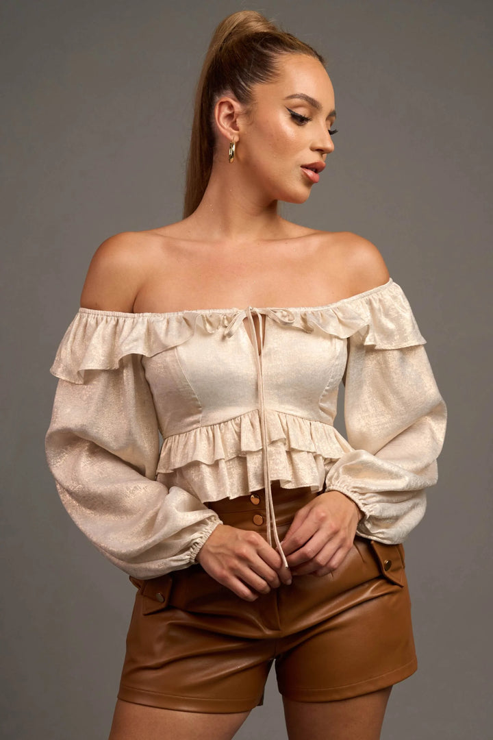 Metallic Off-Shoulder Ruffled Crop Top