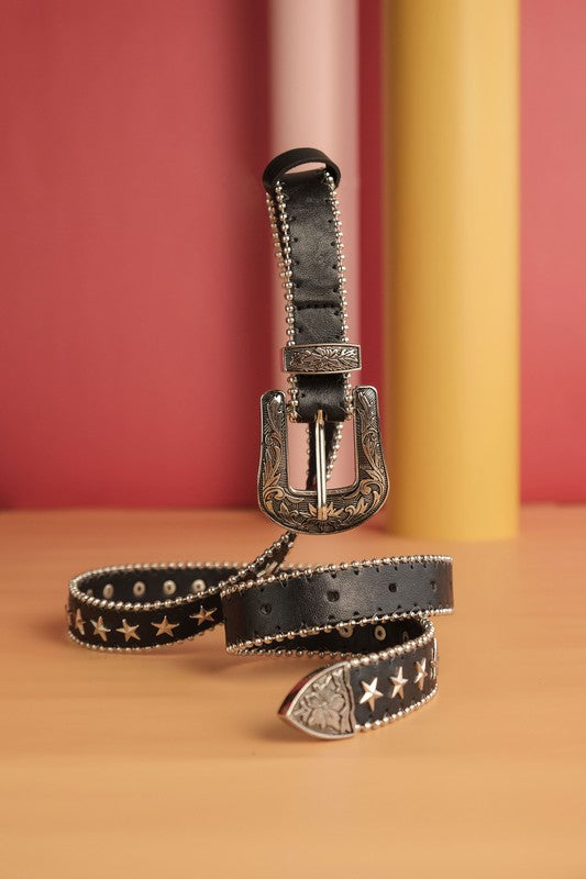 RETRO STAR EMBOSSED LEATHER BELT