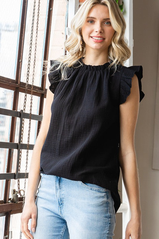 SOLID RUFFLE MOCK NECK BLOUSE