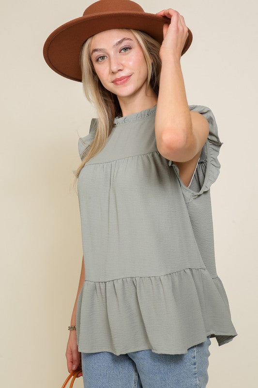 BABYDOLL TOP WITH RUFFLE SLEEVES AND NECKLINE