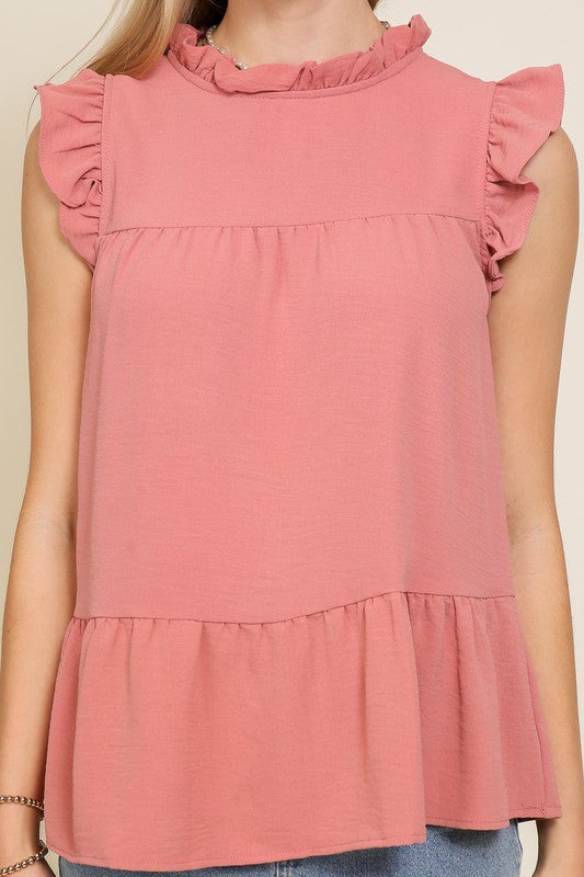 BABYDOLL TOP WITH RUFFLE SLEEVES AND NECKLINE