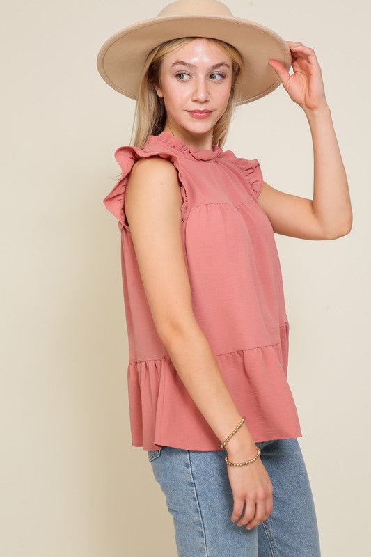BABYDOLL TOP WITH RUFFLE SLEEVES AND NECKLINE