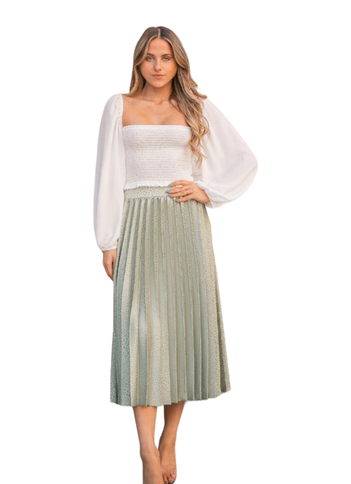 Print satin pleated skirt