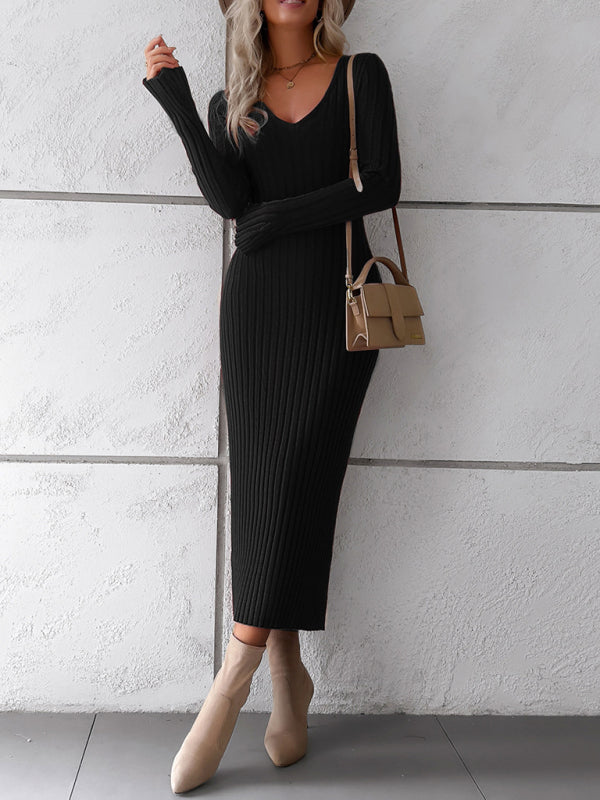 Elegant solid color V-neck long-sleeved sweater dress