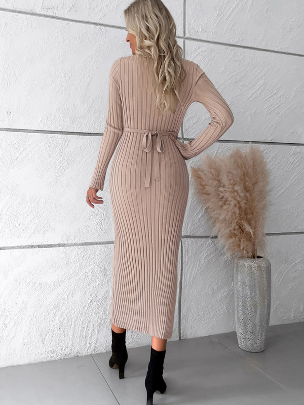 Elegant solid color V-neck long-sleeved sweater dress