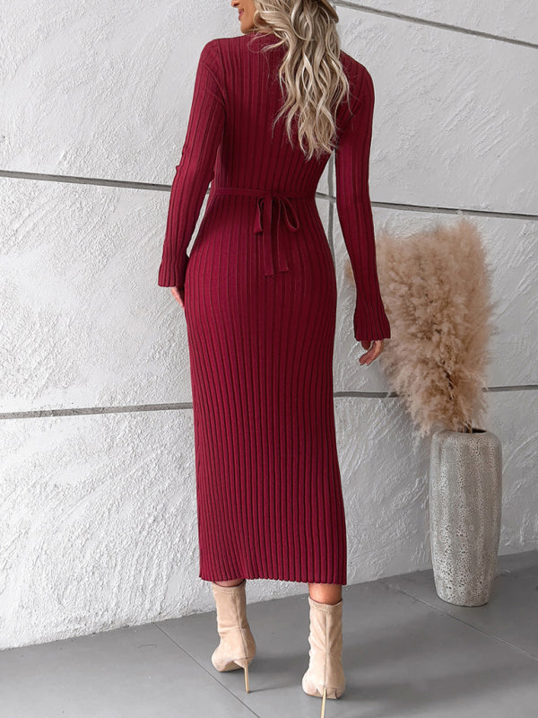 Elegant solid color V-neck long-sleeved sweater dress